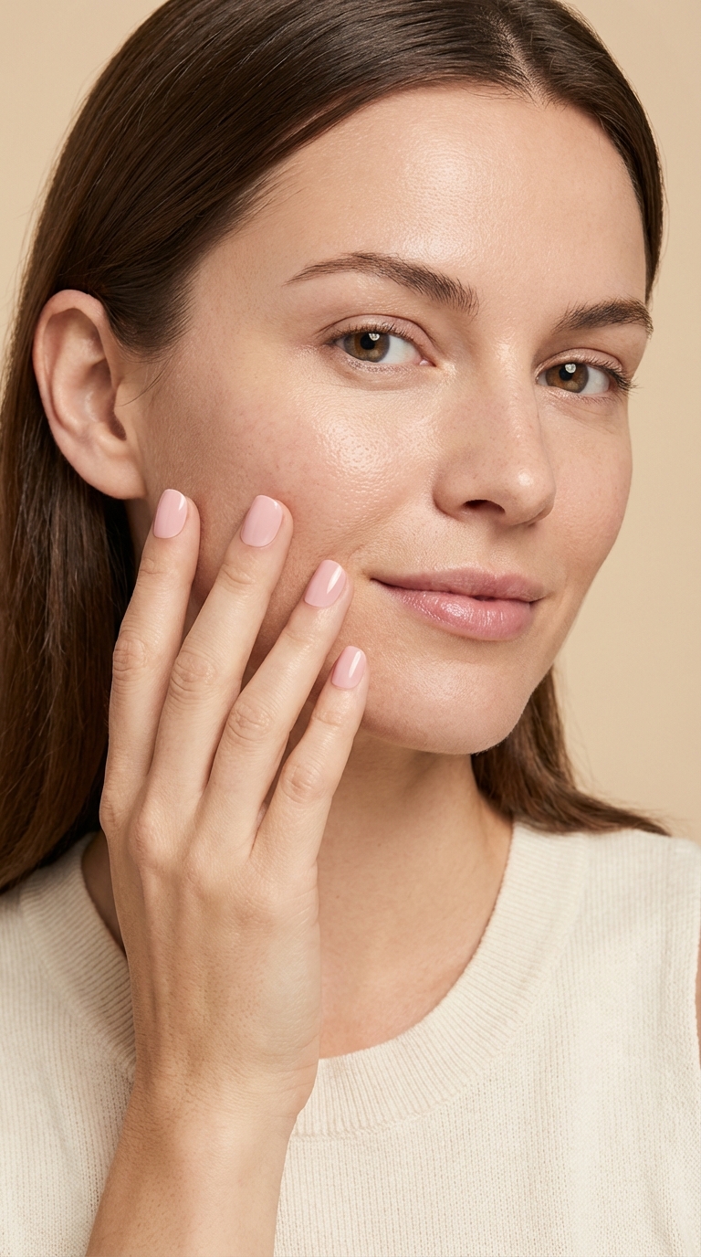 Model showing short press-on nails in natural light