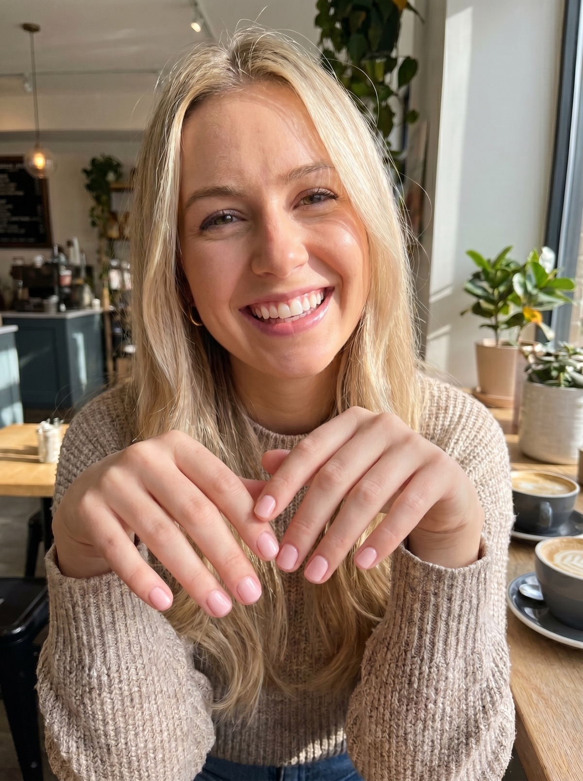 Hand with pale blush press-on nails holding a coffee cup in a cafe
