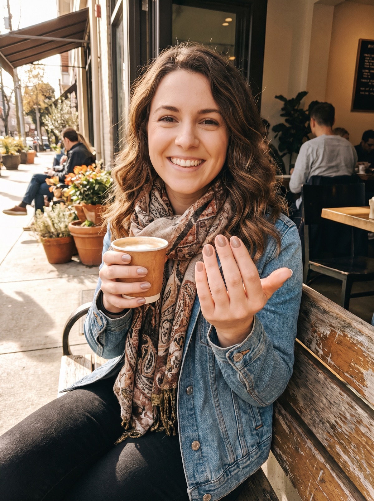 Hand with soft mocha press-on nails holding coffee outdoors