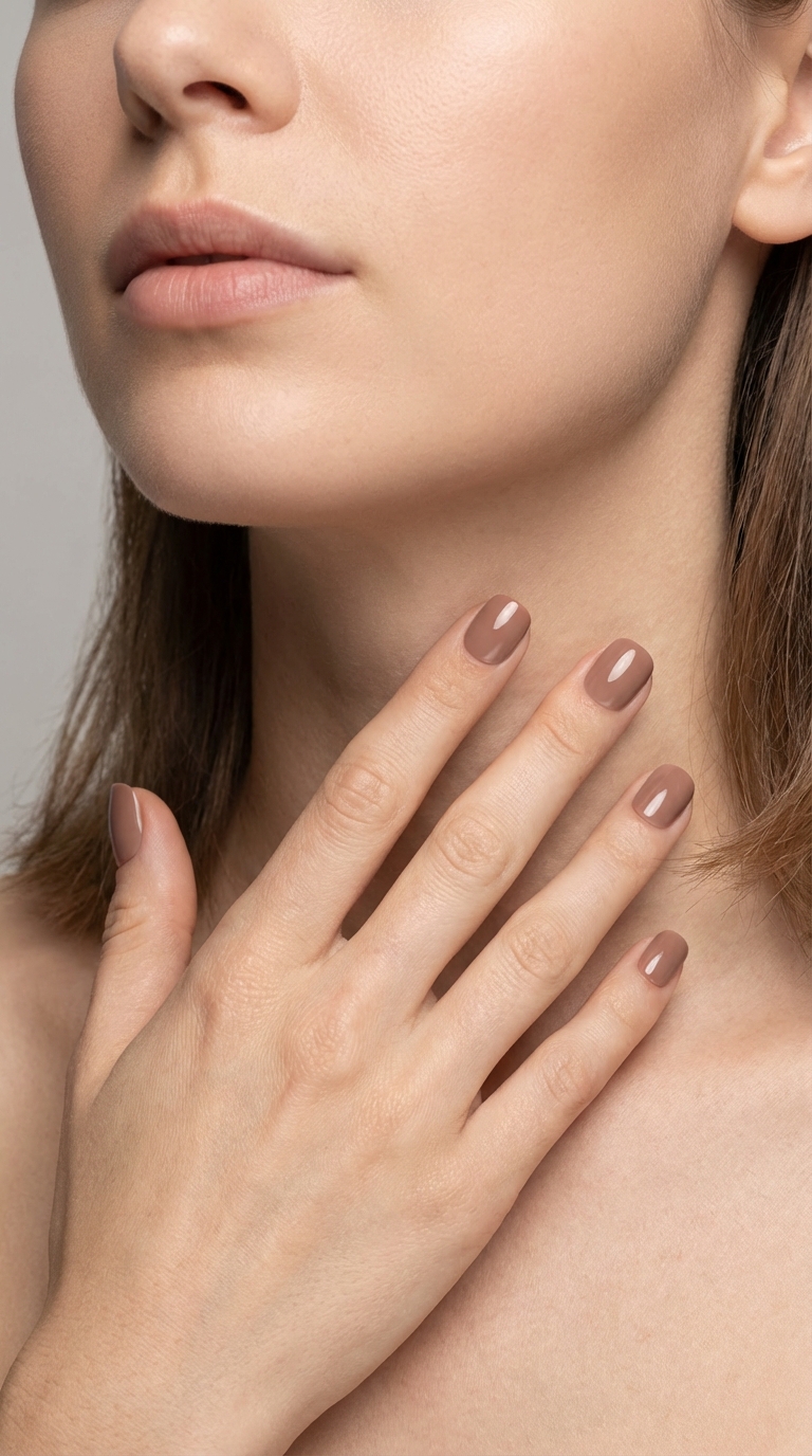 Close crop of neutral manicure near neckline